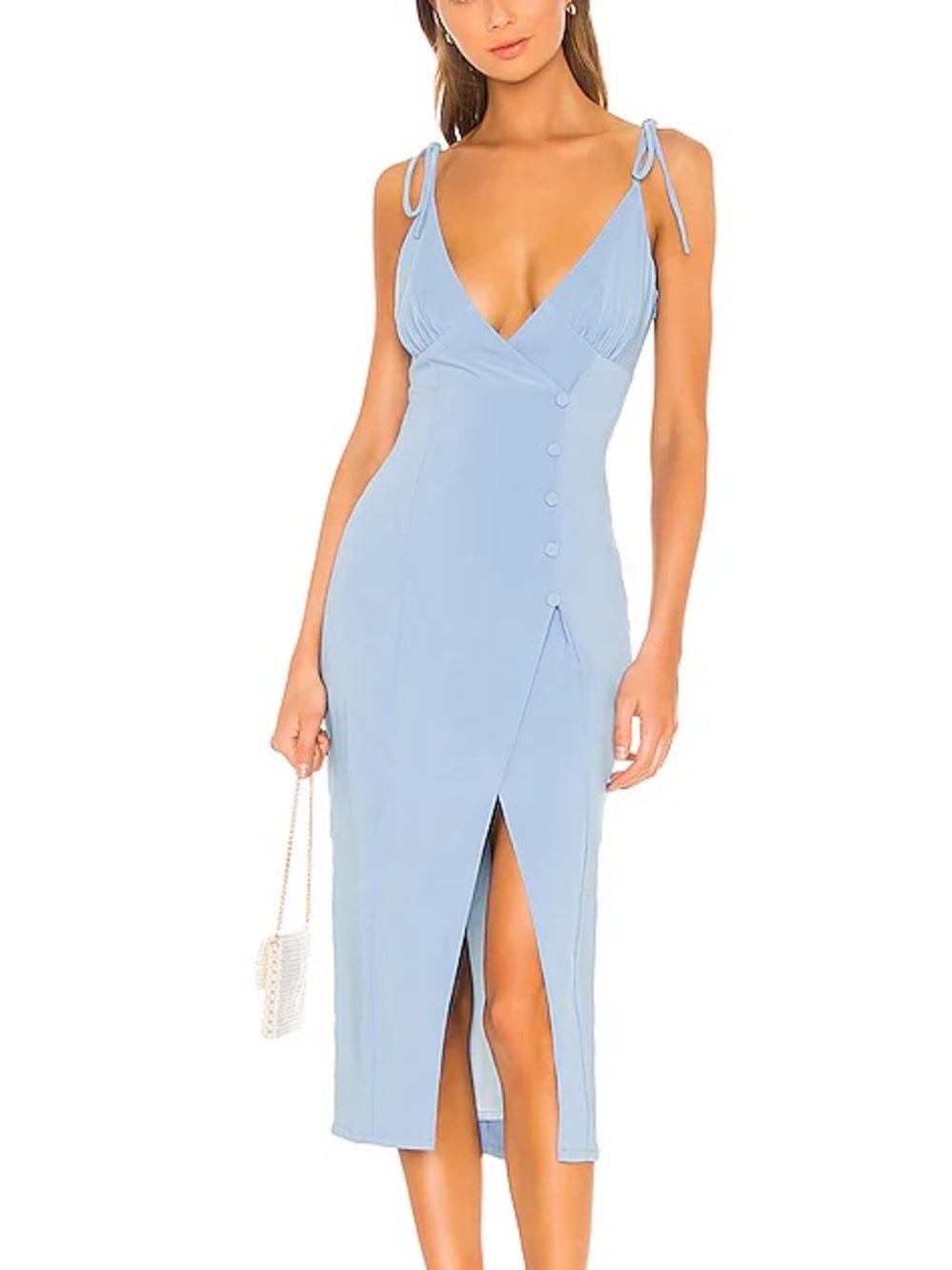 Camila Coelho Aaliyah Midi Dress in Periwinkle Blue V-Neck Buttons Revolve